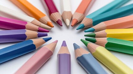 A colorful page from a children's coloring book lies on a table surrounded by colored pencils, a mug of tea, and flowers, offering a playful and creative atmosphere