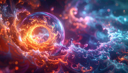 Obraz premium A vibrant cosmic ring of energy, surrounded by nebulous swirls of color,Abstract cosmic entity with swirling colors, a captivating dance of light and energy