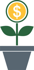 Green plant with yellow dollar coin as flower in grey pot money growth