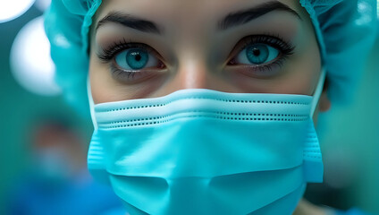 Closeup portrait of female surgeon with bright blue eyes wearing medical mask, cap, clinical environment, hospital scene - dedication, conveying compassion, expertise, resilience in patient care
