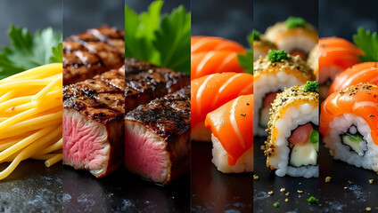 Collage of gourmet food : juicy steak, pasta with herbs, fresh sushi rolls with salmon, grilled shrimp - Italian, Asian, American cuisine for menu, blogs, culinary websites concept 