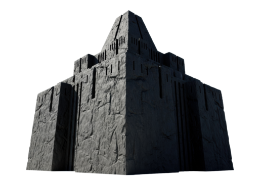 A colossal, monolithic ancient citadel of dark unpolished granite, immense walls, pyramid pinnacle, on a transparent background, concept of unyielding power - Powered by Adobe