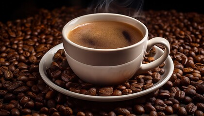 Obraz premium A Warm Cup Of Coffee Sits Delightfully Atop A Bed Of Roasted Coffee Beans The Rich Colors Evoke Comfort And Warmth Perfect For Branding Or Lifestyle Imagery Ai