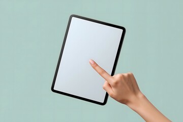 hand touching tablet  mockup screen on blue background