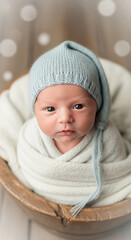 Newborn baby in a light blue knitted hat and white wrap, nestled in a wooden bowl against a blurred background, conveying innocence, purity, and new beginnings