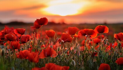 Obraz premium A Sunset Scene Featuring Bright Red Poppies In Sharp Focus Against A Blurred Background