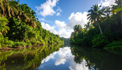 Still Waters Reflecting Lush Tropical Foliage Under a Bright Sky