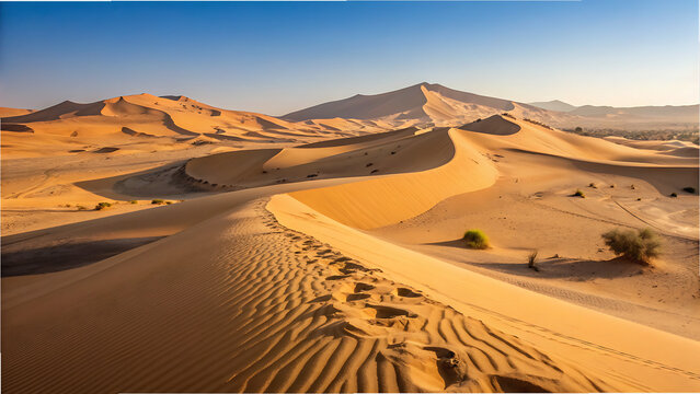Golden sand dunes stretch across a vast desert landscape under a clear blue sky, with footprints leading the way isolated on transparent background