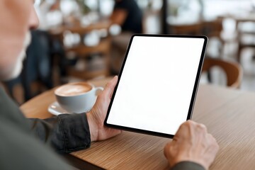 Man holding a tablet mockup  and coffee in cafe