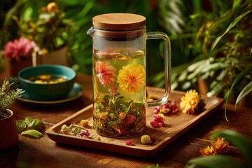 A refreshing herbal tea infusion in a glass pitcher with flowers, showcased on a wooden tray, offering a natural, aromatic, and healthful beverage experience, warm light.