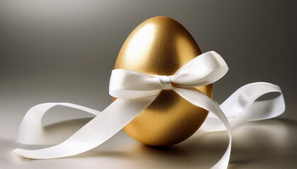 A Shiny Golden Easter Egg Adorned With A White Ribbon Symbolizing Celebration And Festivity