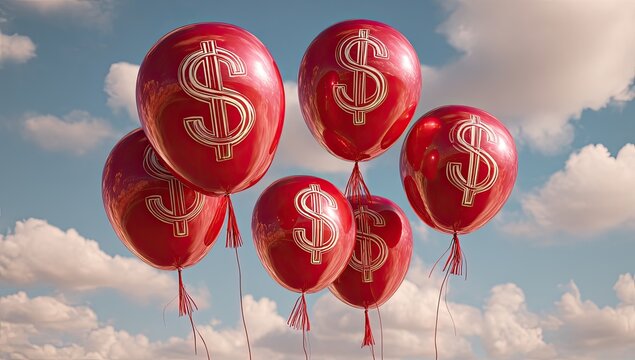 Red balloons with dollar signs, floating in the sky - Powered by Adobe