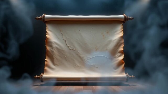 Ancient Scroll Unveiled: A weathered parchment scroll, meticulously rolled, unfurls its secrets, revealing a world of stories and hidden knowledge against a mysterious backdrop.