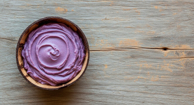 Rustic bowl purple cream made of coconut dry bark on rustic wooden table. It can be used to represent acai cream, Hawaiian poi or any other purple cream.