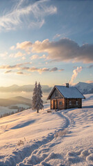 Rustic cabin with smoke from the chimney Winter evening in the wilderness