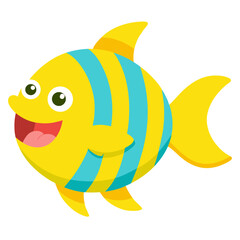Happy cartoon fish illustration featuring yellow and blue stripes with a cheerful smile on a white background