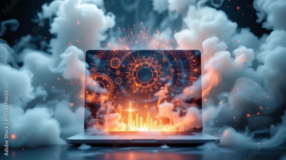 Poster technological innovation: a state-of-the-art laptop displays an intricate digital design, surrounded