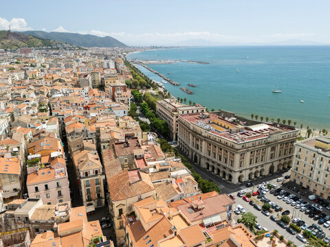 Salerno, Campania, Italy, September 12, 2025: Drone view of the Gulf of Salerno, Arechi Castle, and the maritime station.