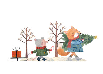 Fox carrying Christmas tree and mouse with gift in snowy forest, naive cartoon hand-drawn winter illustration