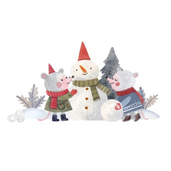 Two mice building a snowman, naive cartoon hand-drawn winter illustration
