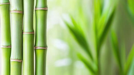 Obraz premium This image showcases vibrant green bamboo adorned with sparkling water droplets, set against a dreamy, blurred background ideal for wellness and nature-themed projects