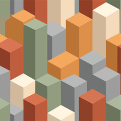 Obraz premium Isometric geometric shapes create a retro color block pattern background design, seamless pattern, Stock royalty free image.