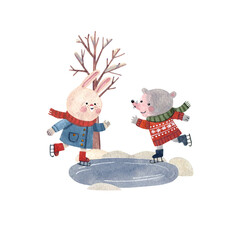 Bunny and mouse ice skating on winter pond, hand-drawn cute illustration