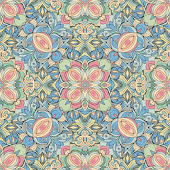 Intricate pastel colored floral pattern with symmetrical mandala design elements, patern seamless, Stock royalty free.