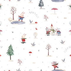 Hand-drawn naive seamless pattern with cute animals in winter forest activities. background for gift wrap and decor