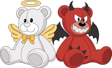 Cute teddy bear angel and devil sitting side by side, contrasting characters, adorable stuffed toys, wings and horns, playful duality, cartoon plush, children’s toy illustration