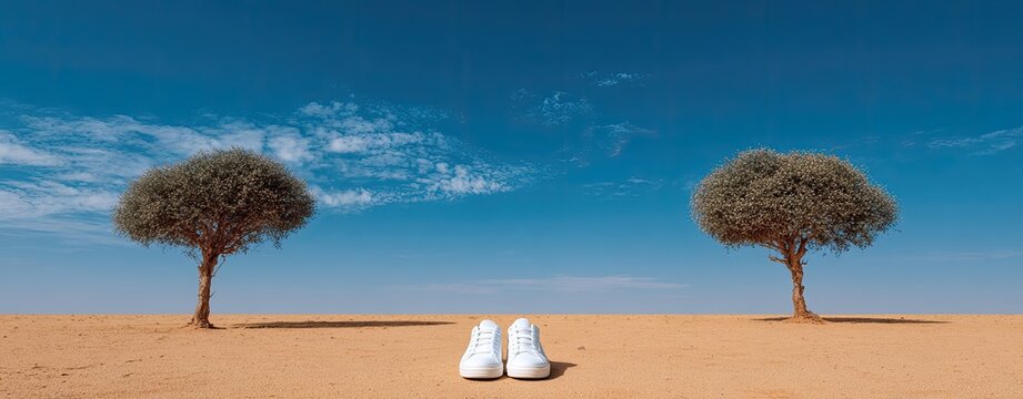 White shoes in a desert landscape, two trees against a vibrant blue sky