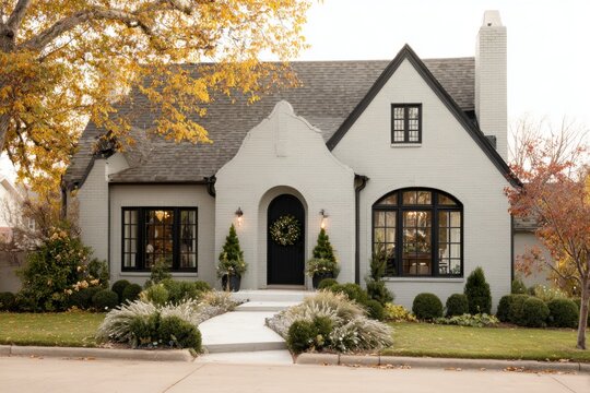 This picturesque suburban home is surrounded by vibrant autumn foliage, featuring an inviting entrance that enhances its charm, all nestled in a peaceful neighborhood environment