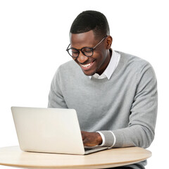 Smiling black man wearing glasses working on a laptop isolated on transparent background