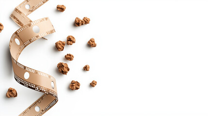 Film strip and popcorn scattered on white background  