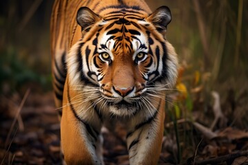 Obraz premium Majestic Bengal tiger staring intensely in its natural habitat, showcasing strength, power, and wildlife beauty, ultra-detailed 8K photography capturing feline grace and wildlife conservation essence