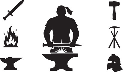 Blacksmith Silhouette Crafting Sword on Anvil with Tools and Fire on Transparent Background