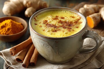 A comforting cup of golden milk with turmeric and cinnamon, a warm and healthy beverage, surrounded by raw ginger and turmeric powder for a natural boost.