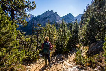 Fototapeta premium Young hiker woman in autumn in Aiguestortes and Sant Maurici National Park, Spain