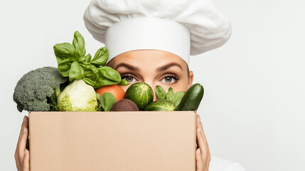 Female chef holding a box of fresh vegetables while smiling  