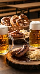 Traditional Oktoberfest beer mugs with grilled sausages, sauerkraut and pretzels, warm brown-golden palette, festive food