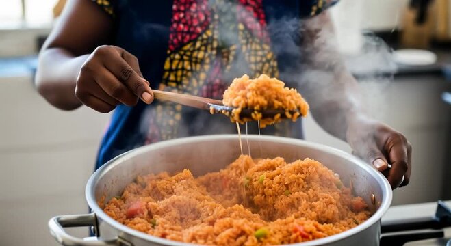 Nigerian home cook stirring jollof rice in a large pot