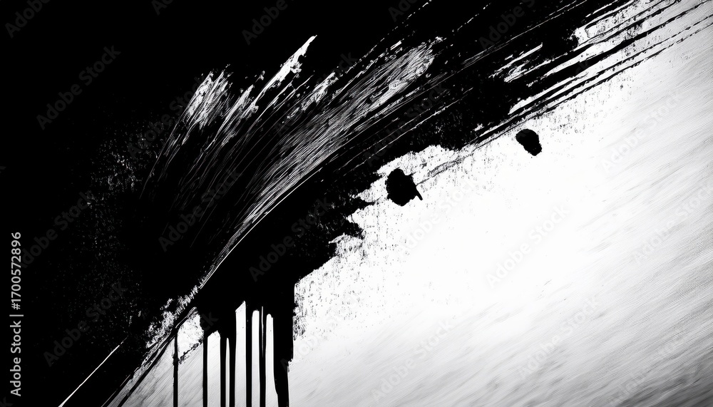 Poster abstract monochrome ink splash with dynamic strokes creating textured lines and contrasting light ag