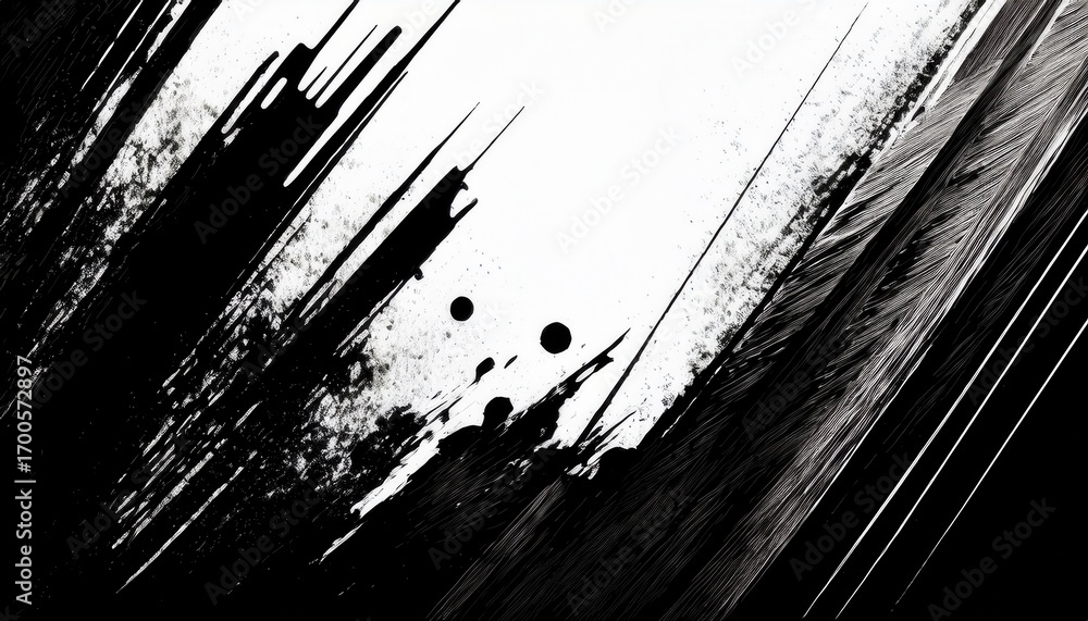 Poster abstract monochrome ink splash with dynamic strokes creating textured lines and contrasting light ag