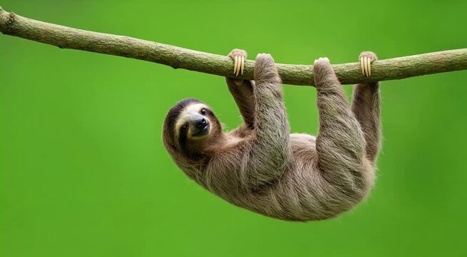 Gentle sloth hangs from a branch, enjoying a peaceful moment in nature.