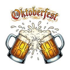 Oktoberfest beer mugs clinking with foam splash, bright orange palette, festive poster, copy space