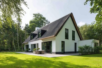 Obraz premium Modern house surrounded by lush greenery, showcasing contemporary architecture and spacious outdoor area near a forest on a sunny day
