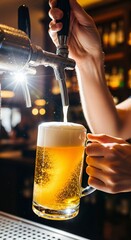 Pouring fresh lager beer from tap into glass mug, golden yellow palette, bar or pub menu background, Oktoberfest concept