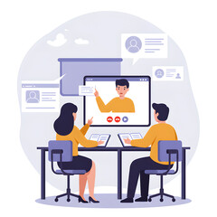 Illustration of Students Engaged in a Virtual School Distance Learning Session with Teacher on Screen