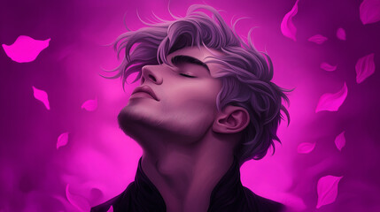 Young man with tousled hair enjoying a dreamlike moment in pink  