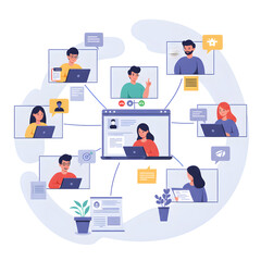 Digital Illustration of Virtual School Distance Learning Environment with Diverse Students Engaged in Online Classes